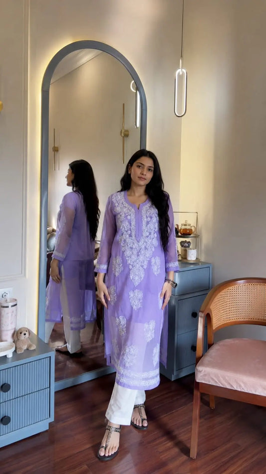 Ayena Lavender Georgette Chikankari Kurti featuring intricate hand embroidery on lightweight georgette fabric for an elegant festive and ethnic look by Hayat’s Lucknowi.
