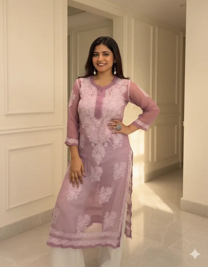 Mauve georgette chikankari kurti by Hayat’s Lucknowi