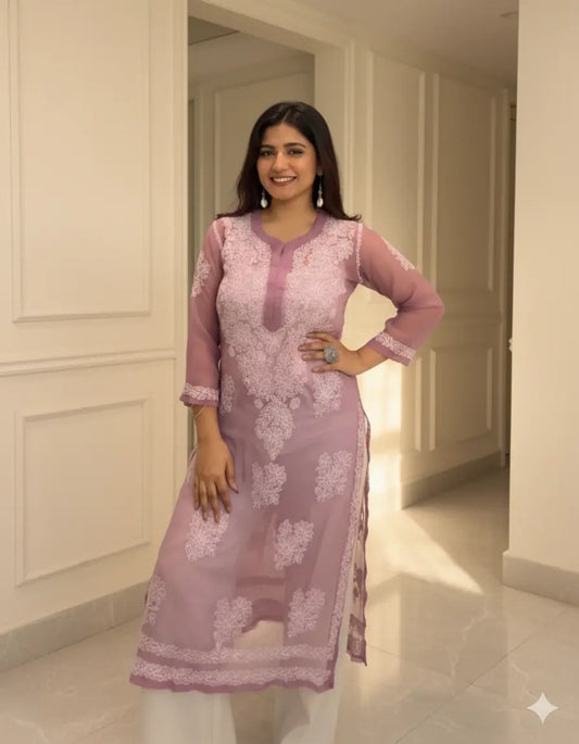 Mauve georgette chikankari kurti by Hayat’s Lucknowi