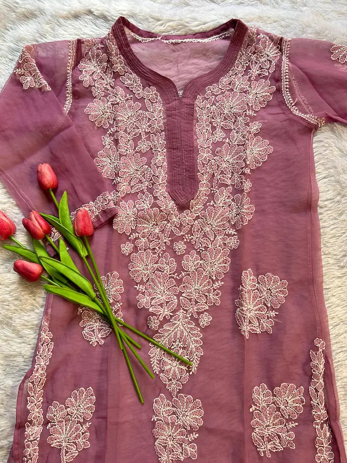 Mauve georgette chikankari kurti top daily wear  by Hayat’s Lucknowi