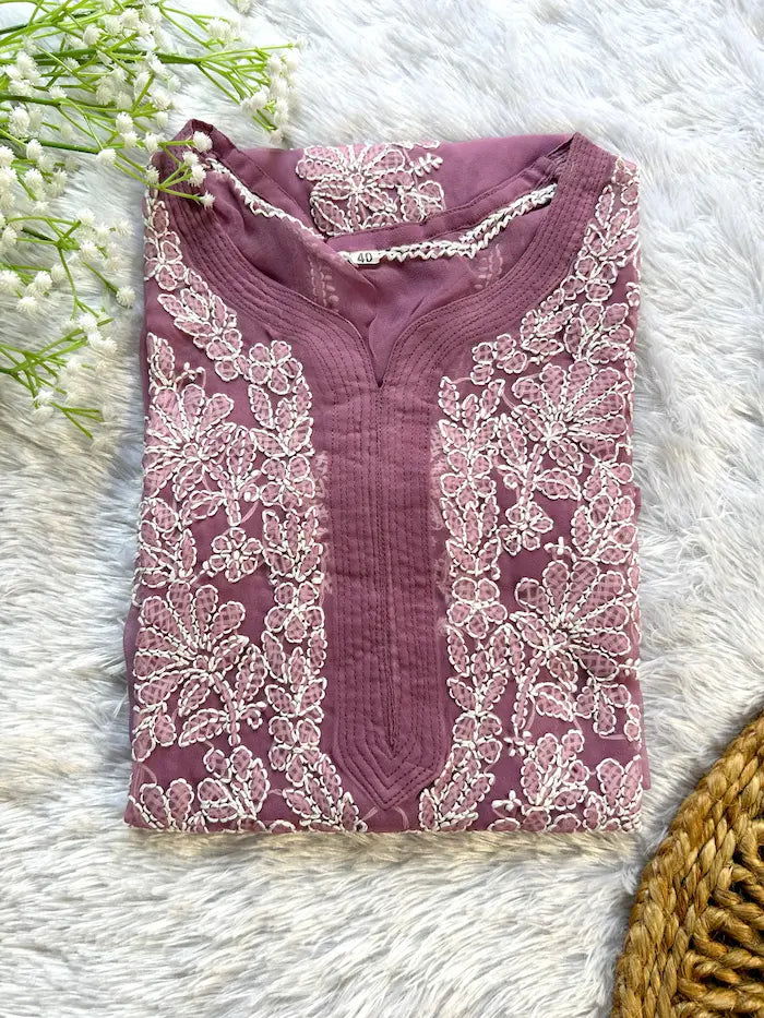 Mauve georgette chikankari kurti  daily wear  by Hayat’s Lucknowi