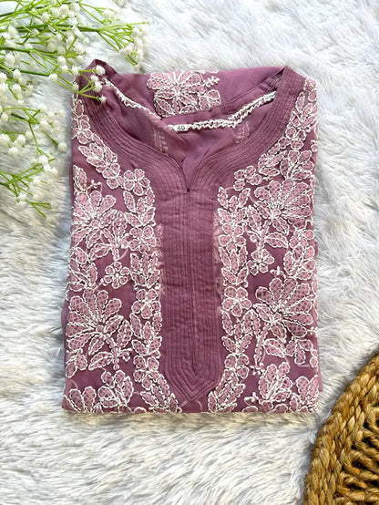 Mauve georgette chikankari kurti  daily wear  by Hayat’s Lucknowi