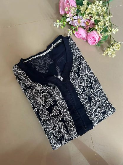 Ayena Navy Blue Georgette Chikankari Kurti featuring intricate hand embroidery on lightweight georgette fabric for an elegant festive and ethnic look by Hayat’s Lucknowi.
