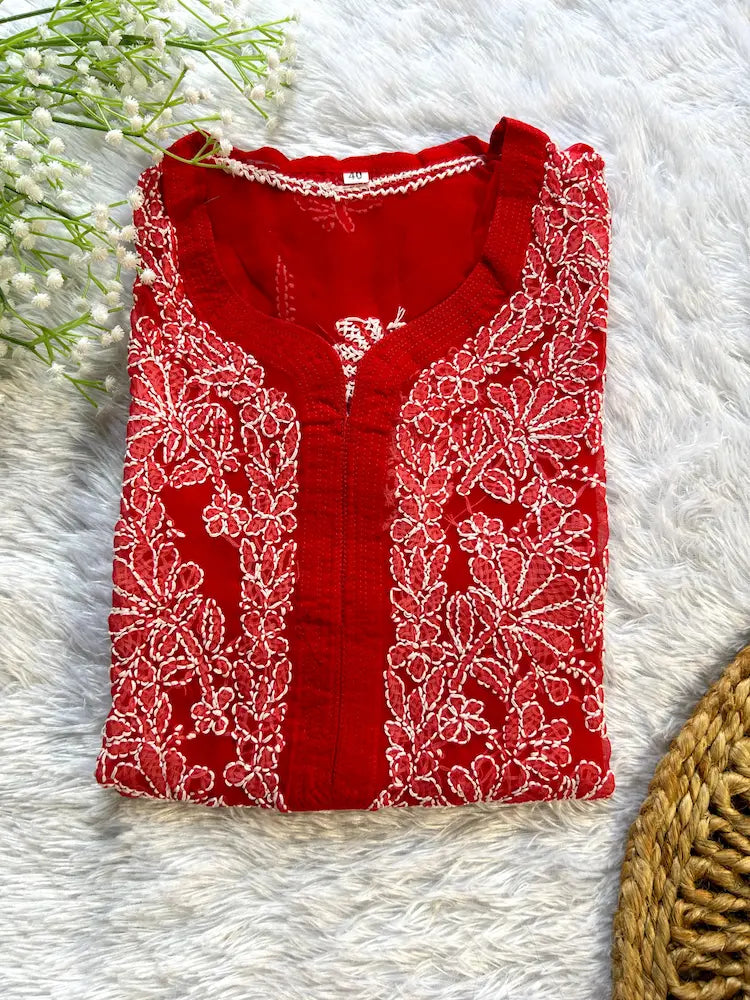 Red georgette chikankari kurti with embroidery full sleeves festive wear  by Hayat’s Lucknowi