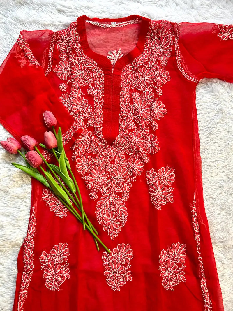 Red georgette chikankari kurti with embroidery festive wear by Hayat’s Lucknowi