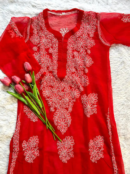 Red georgette chikankari kurti with embroidery festive wear by Hayat’s Lucknowi