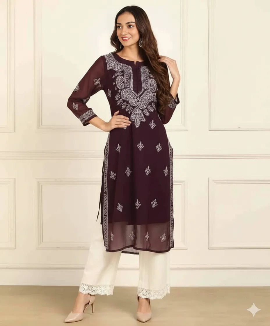 Wine georgette chikankari kurti by Hayat’s Lucknowi