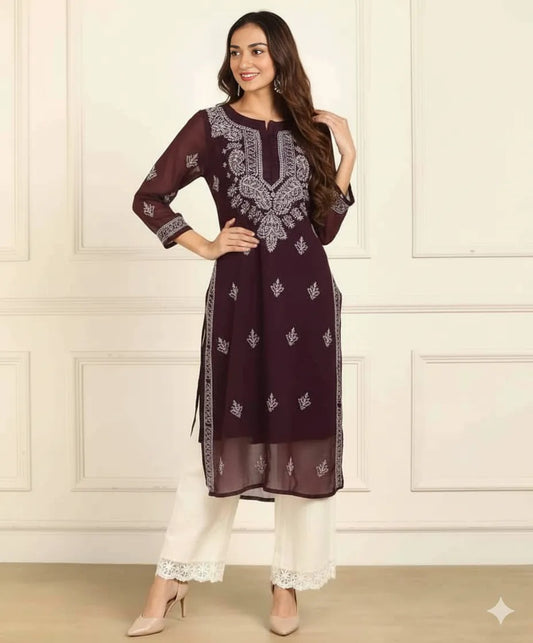 Wine georgette chikankari kurti by Hayat’s Lucknowi