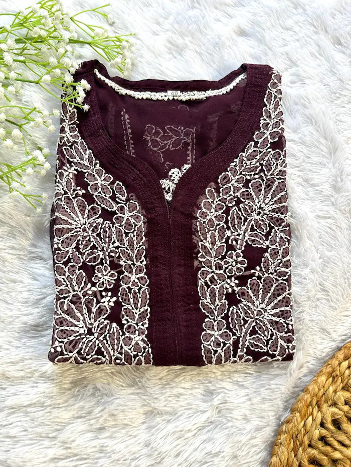 Wine georgette chikankari kurti full sleeves  by Hayat’s Lucknowi