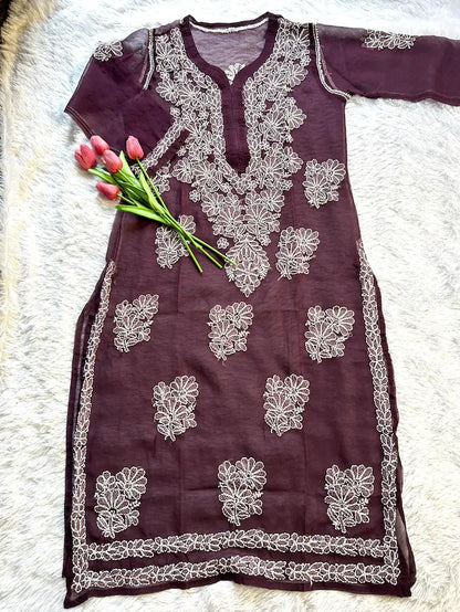 Wine georgette chikankari kurti full sleeves by Hayat’s Lucknowi