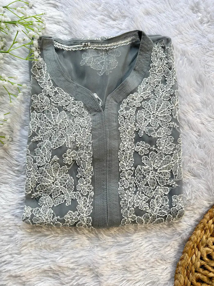  gray georgette chikankari kurti with embroidery by Hayat’s Lucknowi