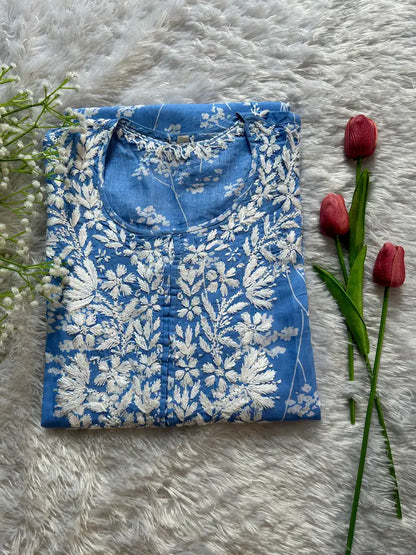 
Batool blue mul mul chikankari kurta featuring delicate hand embroidery and soft breathable fabric for elegant and comfortable everyday ethnic wear by Hayat's Lucknowi.
