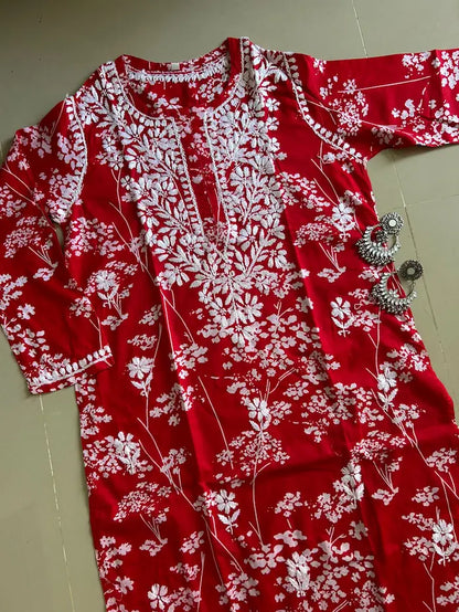 Batool Red Mul Mul Chikankari Kurta featuring intricate hand embroidery on lightweight, soft and breathable Mul Mul cotton fabric for an elegant everyday ethnic look by Hayat’s Lucknowi.
