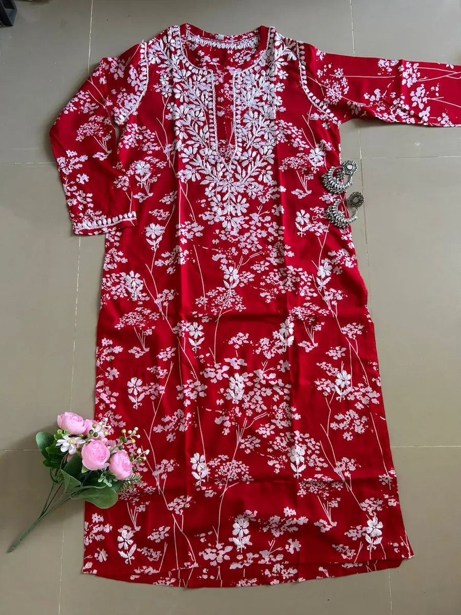Batool Red Mul Mul Chikankari Kurta featuring intricate hand embroidery on lightweight, soft and breathable Mul Mul cotton fabric for an elegant everyday ethnic look by Hayat’s Lucknowi.
