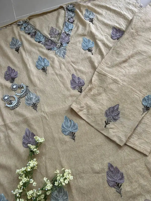 Beige Kashmiri cotton kaftan set featuring intricate traditional Kashmiri embroidery on soft, breathable cotton fabric for comfortable, elegant, and effortless ethnic wear by Hayat's Lucknowi.
