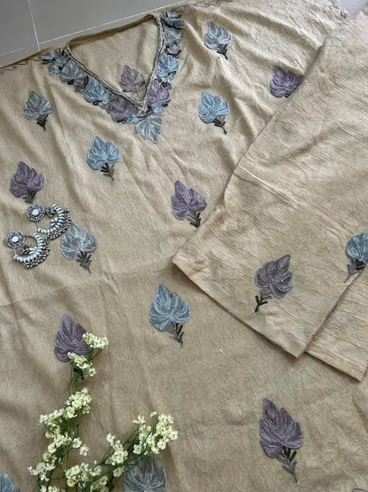 Beige Kashmiri cotton kaftan set featuring intricate traditional Kashmiri embroidery on soft, breathable cotton fabric for comfortable, elegant, and effortless ethnic wear by Hayat's Lucknowi.
