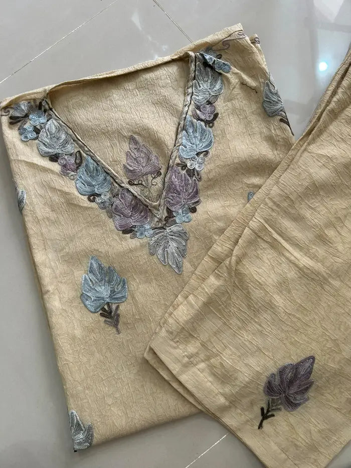 Beige Kashmiri cotton kaftan set featuring intricate traditional Kashmiri embroidery on soft, breathable cotton fabric for comfortable, elegant, and effortless ethnic wear by Hayat's Lucknowi.
