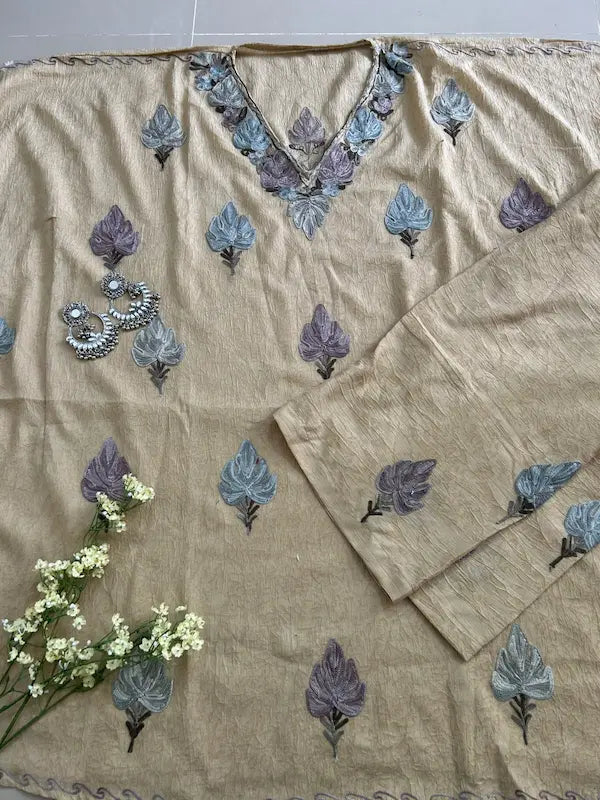 Beige Kashmiri cotton kaftan set featuring intricate traditional Kashmiri embroidery on soft, breathable cotton fabric for comfortable, elegant, and effortless ethnic wear by Hayat's Lucknowi.
