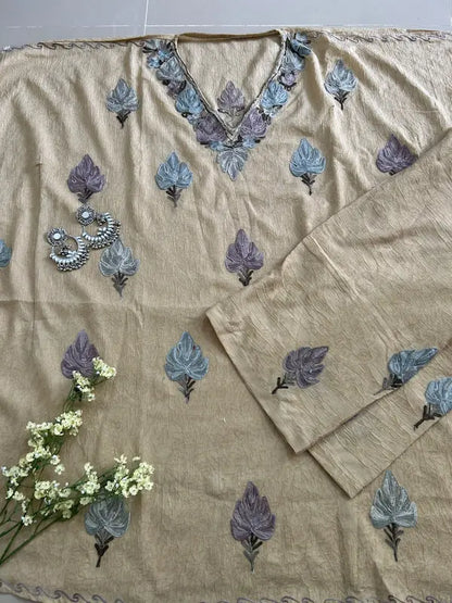 Beige Kashmiri cotton kaftan set featuring intricate traditional Kashmiri embroidery on soft, breathable cotton fabric for comfortable, elegant, and effortless ethnic wear by Hayat's Lucknowi.
