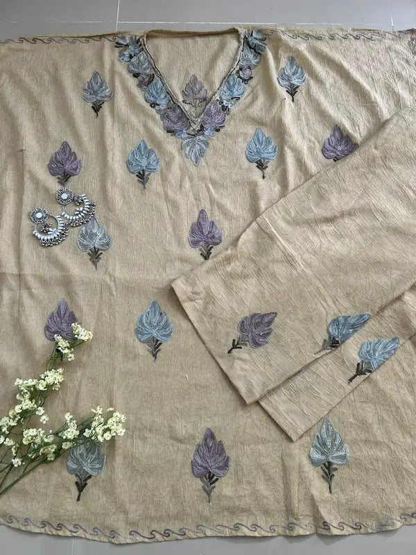 Beige Kashmiri cotton kaftan set featuring intricate traditional Kashmiri embroidery on soft, breathable cotton fabric for comfortable, elegant, and effortless ethnic wear by Hayat's Lucknowi.
