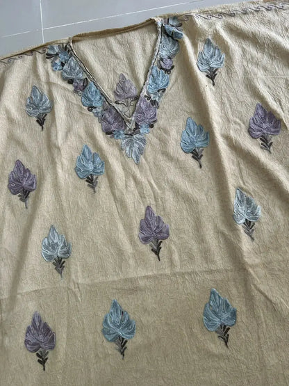 Beige Kashmiri cotton kaftan set featuring intricate traditional Kashmiri embroidery on soft, breathable cotton fabric for comfortable, elegant, and effortless ethnic wear by Hayat's Lucknowi.
