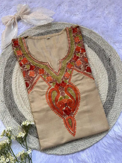 
Beige Kashmiri short kurta featuring elegant traditional embroidery-inspired detailing and refined handcrafted craftsmanship for comfortable everyday ethnic wear by Hayat's Lucknowi.
