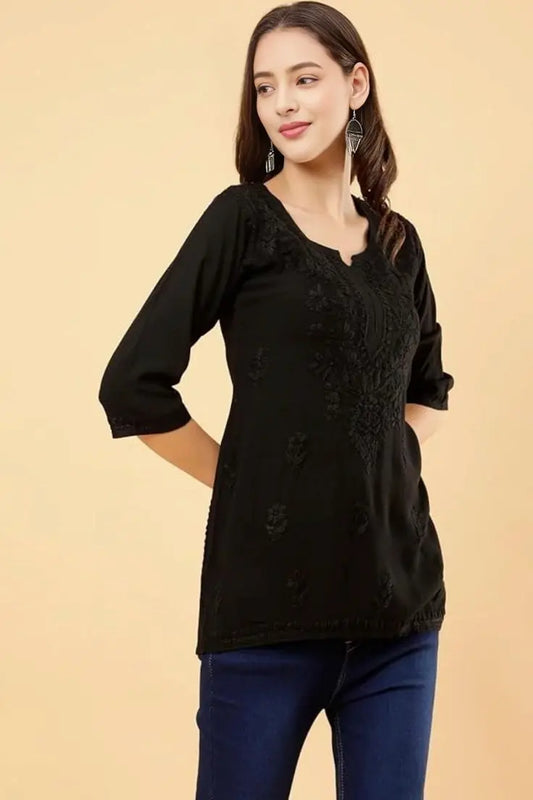 
Black chikankari short kurti crafted with intricate Lucknowi embroidery for stylish and elegant ethnic wear by Hayat's Lucknowi
