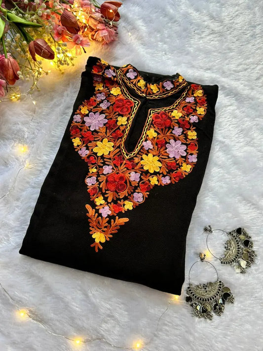 
Classic black woolen Kashmiri long kurta suitable for traditional winter occasions by Hayat's Lucknowi

