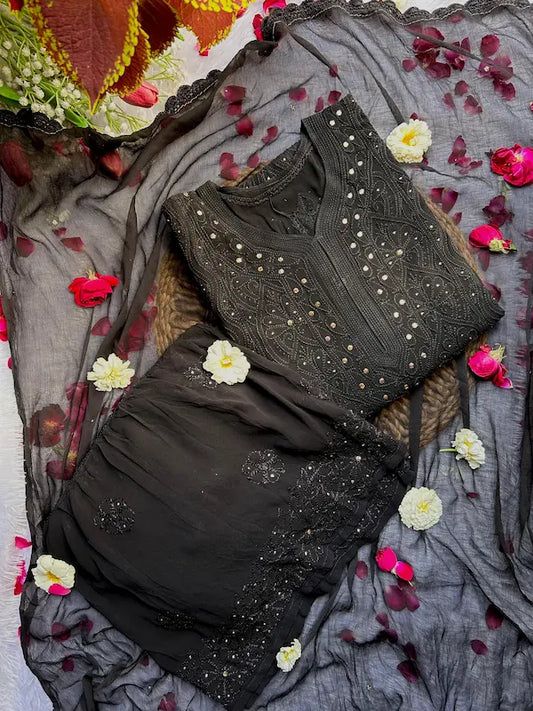 Black viscose georgette kurta set with Lucknowi chikankari and mukesh embroidery  party wear by Hayat’s Lucknowi