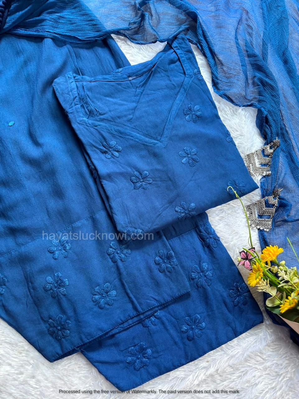 

Blue Rayon Chikankari Farshi Set featuring intricate hand embroidery on soft rayon fabric for a graceful traditional and festive look by Hayat’s Lucknowi.
