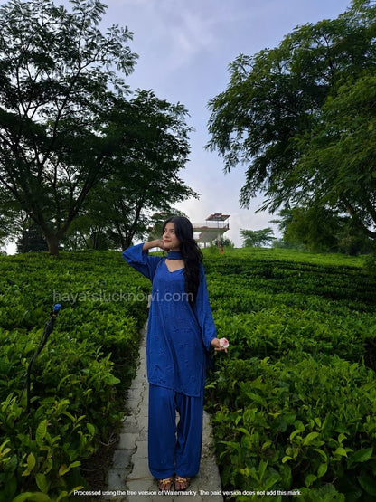 

Blue Rayon Chikankari Farshi Set featuring intricate hand embroidery on soft rayon fabric for a graceful traditional and festive look by Hayat’s Lucknowi.
