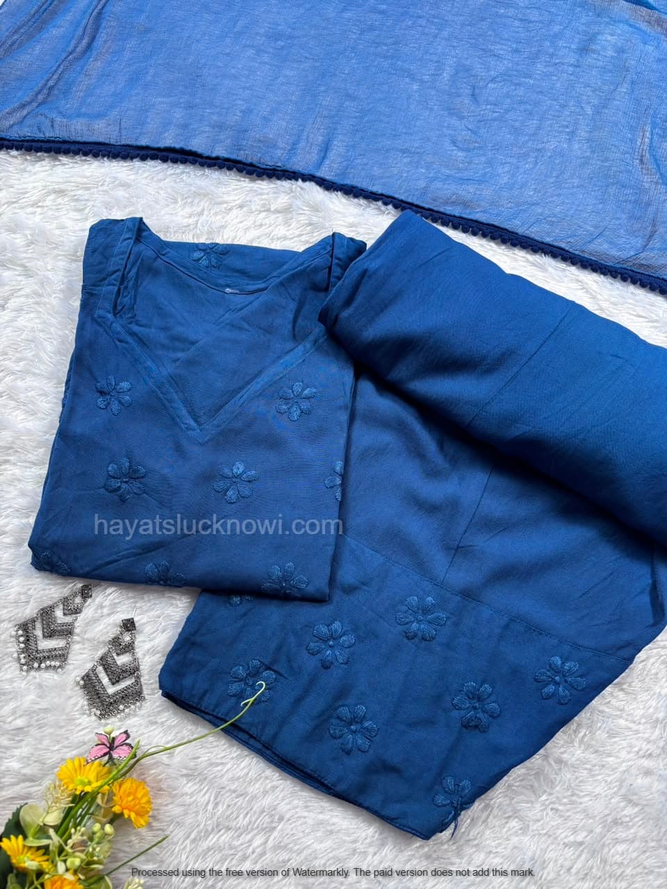 
Blue Rayon Chikankari Farshi Set featuring intricate hand embroidery on soft rayon fabric for a graceful traditional and festive look by Hayat’s Lucknowi.
