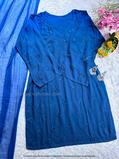 

Blue Rayon Chikankari Farshi Set featuring intricate hand embroidery on soft rayon fabric for a graceful traditional and festive look by Hayat’s Lucknowi.
