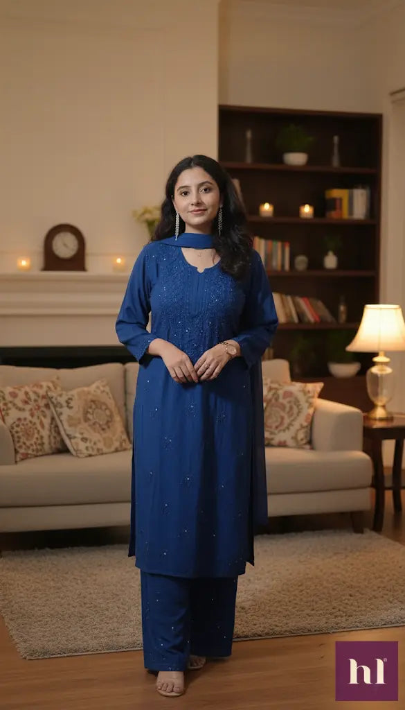 
Nagma royal blue rayon Lucknowi Mukesh chikankari set with dupatta featuring intricate hand embroidery and shimmering Mukesh work for elegant festive and ethnic wear by Hayat's Lucknowi.

