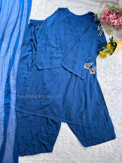 

Blue Rayon Chikankari Farshi Set featuring intricate hand embroidery on soft rayon fabric for a graceful traditional and festive look by Hayat’s Lucknowi.
