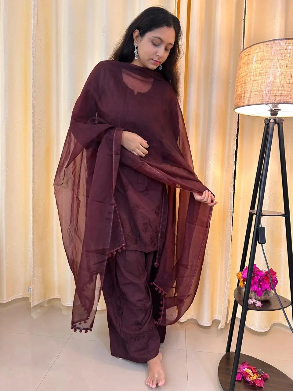 
Brown chikankari Farshi shalwar suit featuring intricate hand embroidery and elegant traditional craftsmanship for sophisticated festive and ethnic wear by Hayat's Lucknowi.
