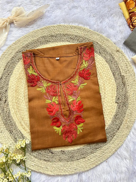 
Warm brown Kashmiri long kurta ideal for everyday traditional winter styling by Hayat's Lucknowi
