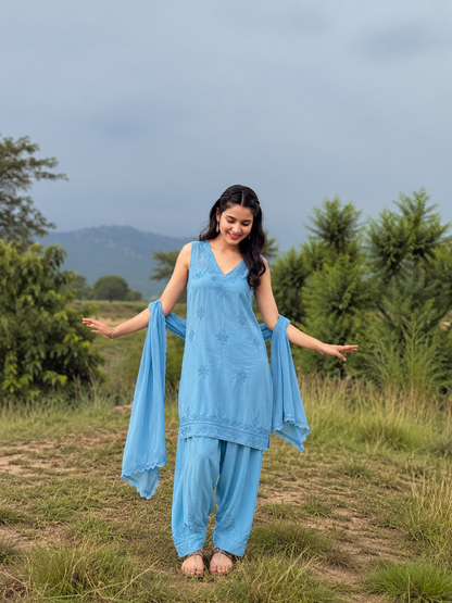 Powder Blue Sleeveless Rayon Chikankari Farshi Set