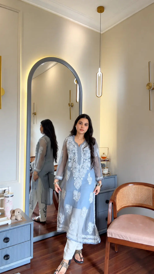 Ayena Gray Georgette Chikankari Kurti