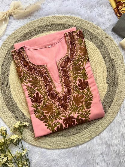 
Chinar pink Kashmiri long kurta featuring traditional motifs and elegant handcrafted detailing for ethnic wear by Hayat's Lucknowi