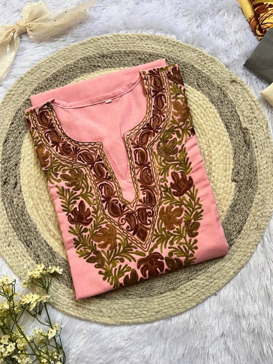 
Chinar pink Kashmiri long kurta featuring traditional motifs and elegant handcrafted detailing for ethnic wear by Hayat's Lucknowi