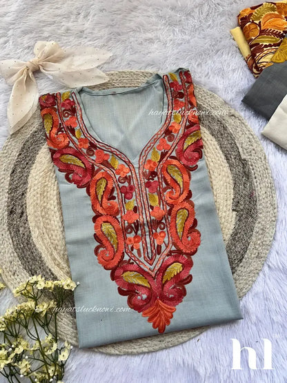 Cool grey Kashmiri short top with embroidery by Hayat’s Lucknowi