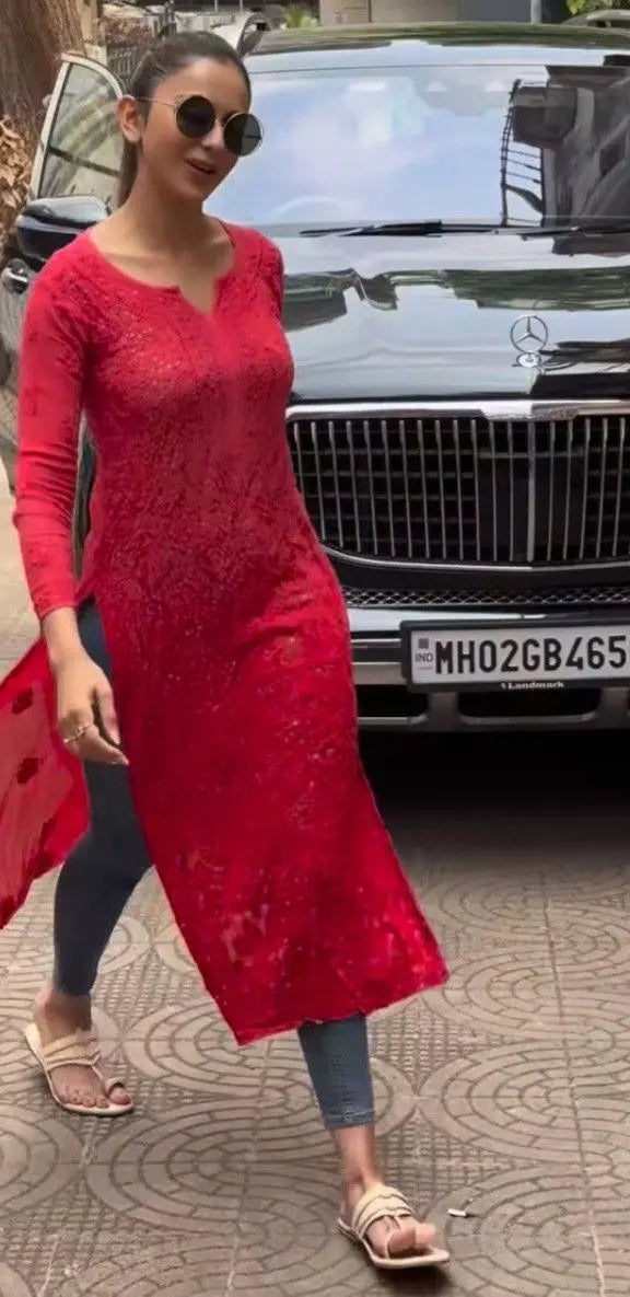 Crimson Red Chikankari Viscose Georgette Kurta featuring intricate hand embroidery on lightweight viscose georgette fabric for an elegant festive and ethnic look by Hayat’s Lucknowi.
