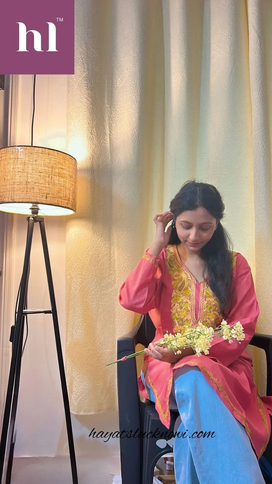 Dusky rosy Kashmiri long kurta top with embroidery by Hayat’s Lucknowi