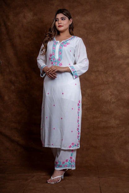 Faiza rayon chikankari suit set with kurta, bottom &
dupatta by Hayat’s Lucknowi