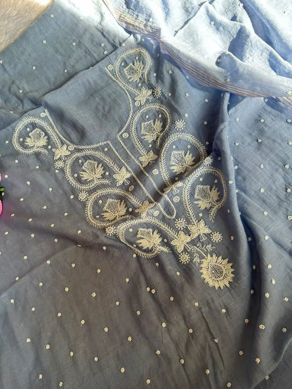 
Falak women's blue mul Chanderi handwork kurta and dupatta unstitched suit featuring intricate handcrafted detailing and elegant traditional craftsmanship for timeless ethnic wear by Hayat's Lucknowi.
