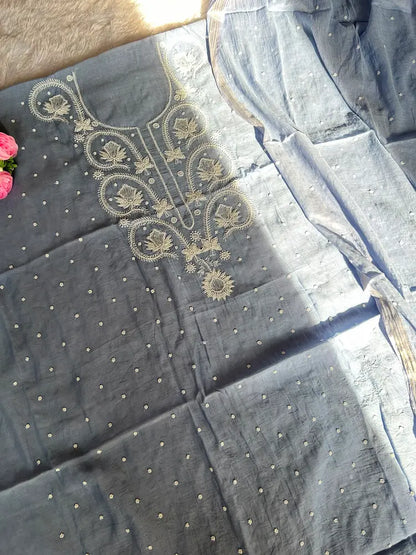
Falak women's blue mul Chanderi handwork kurta and dupatta unstitched suit featuring intricate handcrafted detailing and elegant traditional craftsmanship for timeless ethnic wear by Hayat's Lucknowi.
