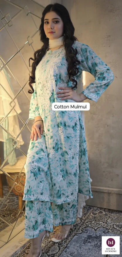 
Farheen aqua green chikankari printed mul mul set featuring soft breathable fabric, delicate prints, and elegant traditional styling for fresh and graceful everyday ethnic wear by Hayat's Lucknowi.
