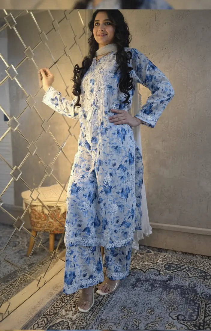 
Farheen blue chikankari printed mul mul set featuring soft breathable fabric, delicate printed detailing, and elegant traditional styling for comfortable everyday ethnic wear by Hayat's Lucknowi.
