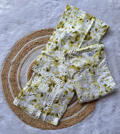 Green printed mul mul chikankari set with embroidery by Hayat’s LLucknowi”